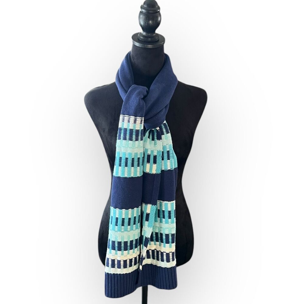 Talbots Women's Blue, White, and Blue-Green Striped Knitted Scarf BD3027 NWT